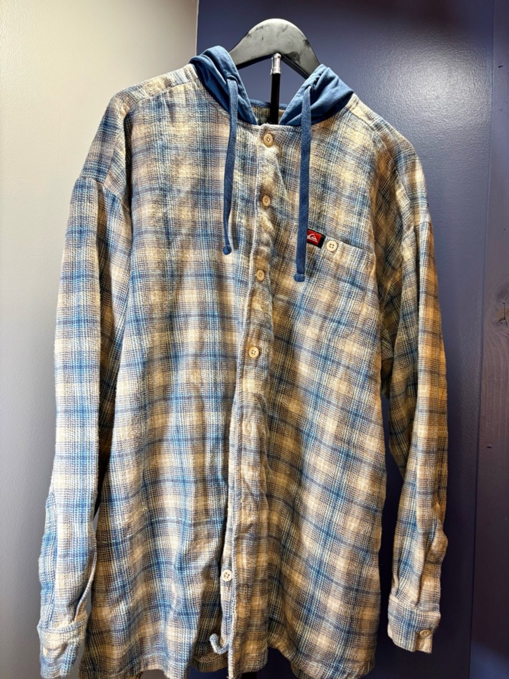 Quiksilver Blue and Cream Plaid Hooded Button-Up